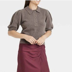 Women’s A New Day Short Puff Sleeve Polo Sweater Brown Medium
